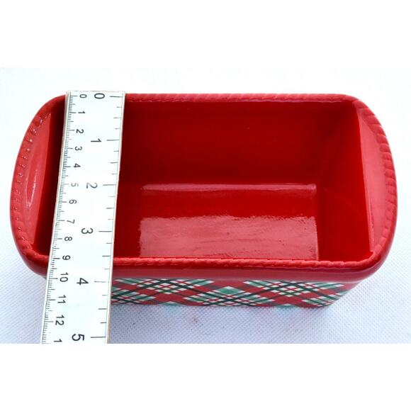 LOAF BAKING DISH-TEMP-TATIONS-Ceramic-Red & Green-Plaid-Holiday Theme-Small - Picture 7 of 8